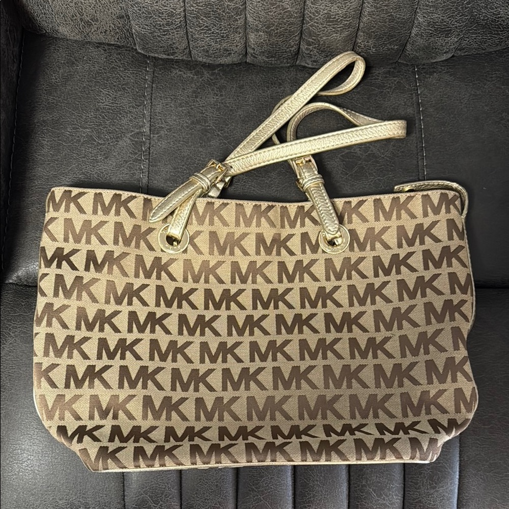 Michael Kors Tan and Brown MK Logo Tote